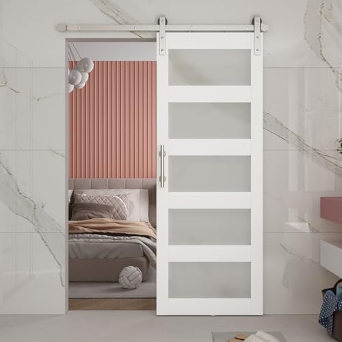 BARNSMITH 42in x 84in Glass Barn Door with 7FT Sliding Door Hardware Kit Included & Handle