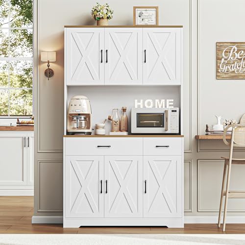 HOSTACK 71" Pantry Cabinet with Charging Station, Tall Kitchen Pantry Storage Cabinet with Microwave Stand