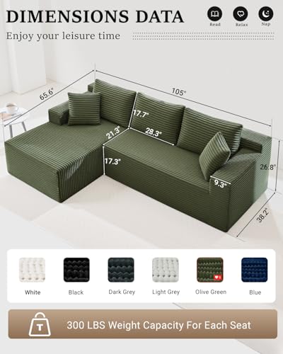 105 Inch Cloud Sectional Couch,Modern Modular Sectional Sofa with Deep Seat,Corduroy Boneless Couches with L-Shape Chaise for Living Room Bedroom