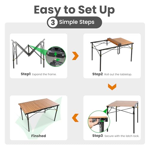 Portable Outdoor Camping Table Large for 2-6 Person - Foldable Camp Table with Aluminum Roll-Up Top & Carry Bag for BBQ, Tailgating, Backyard