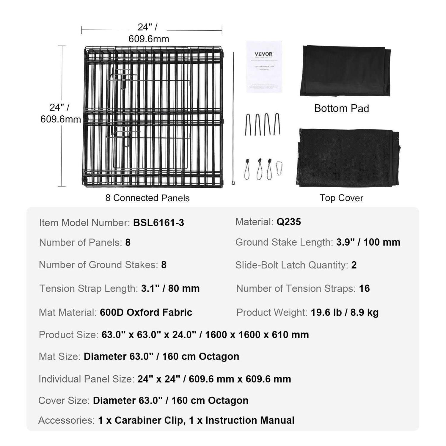 VEVOR Dog Playpen, 8 Panels Foldable Metal Dog Exercise Pen with Top Cover and Bottom Pad