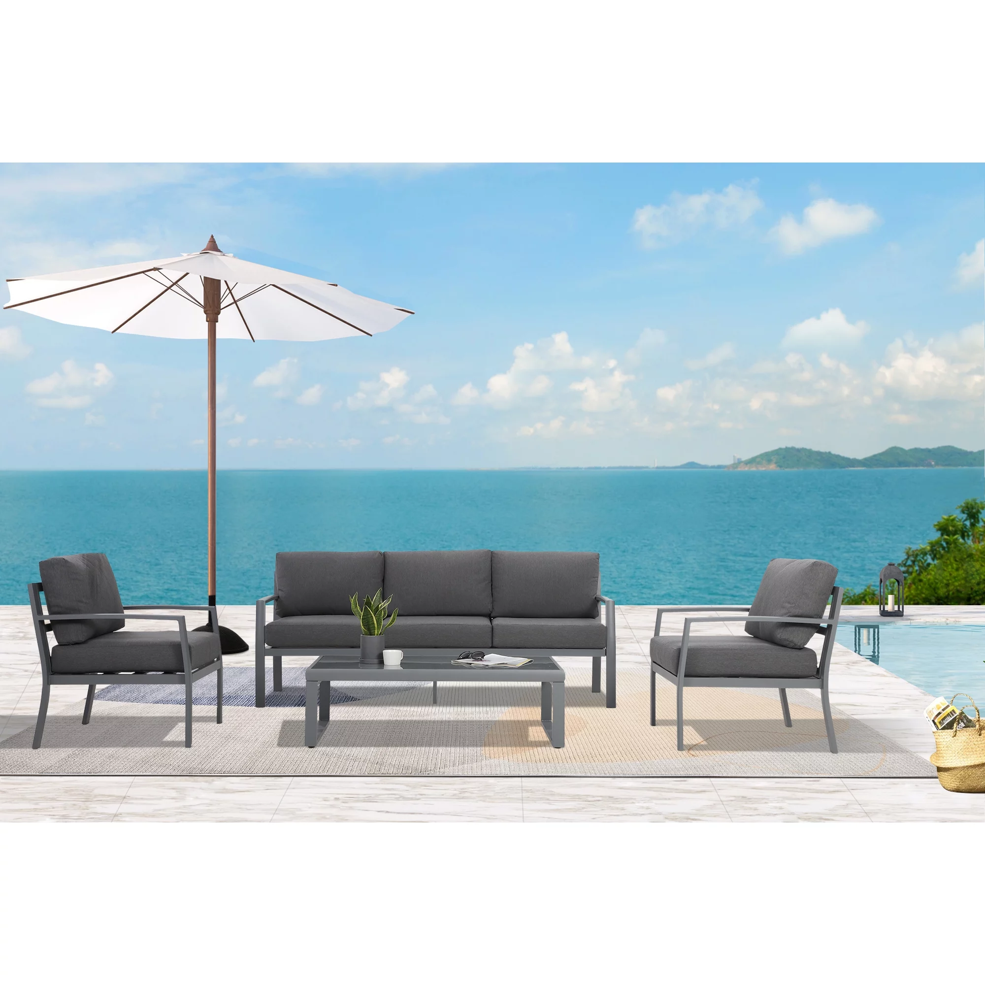 Superjoe Metal Patio Outdoor Furniture Set, 4 Piece Outdoor Deep Seating Conversation Sets with Tempered Glass Top Coffee Table