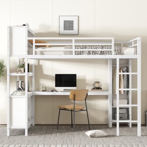 Metal Loft Bed with Wardrobe and L-Shaped Desk, Full Size Loft Bed with Storage Cubes and Shelves, Heavy Duty Loft Bed for Kids Teens, White