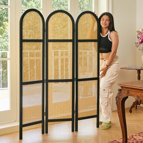 Room Divider and Folding Privacy Screens, Pine Wood 5.6 Ft Double Hinged Rattan Partition Freestanding Wall Room Divider for Home - 3 Panels