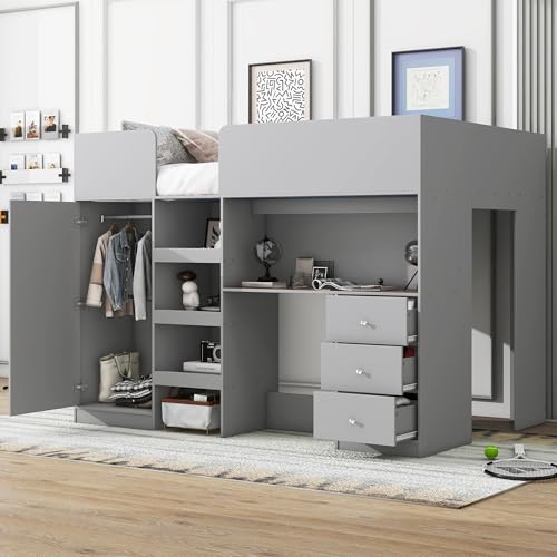 Harper & Bright Designs Full Size Loft Bed with Desk, Wood Full Loft Bed Frame with Built-in Wardrobe, Storage Shelves and Drawers, Gray