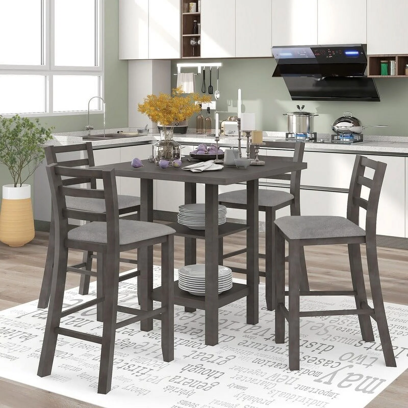 Dining table set of 4 square tables set of 4, rustic kitchen table with 4 upholstered chairs Espresso
