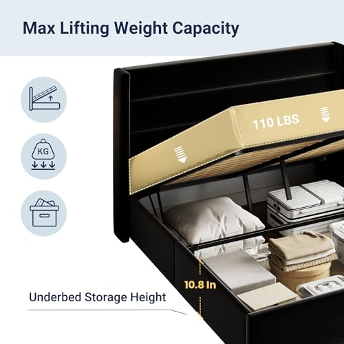Allewie Full Size Lift Up Storage Bed, Modern Wingback Headboard, Hydraulic Support, No Box Spring Needed, Light Beige