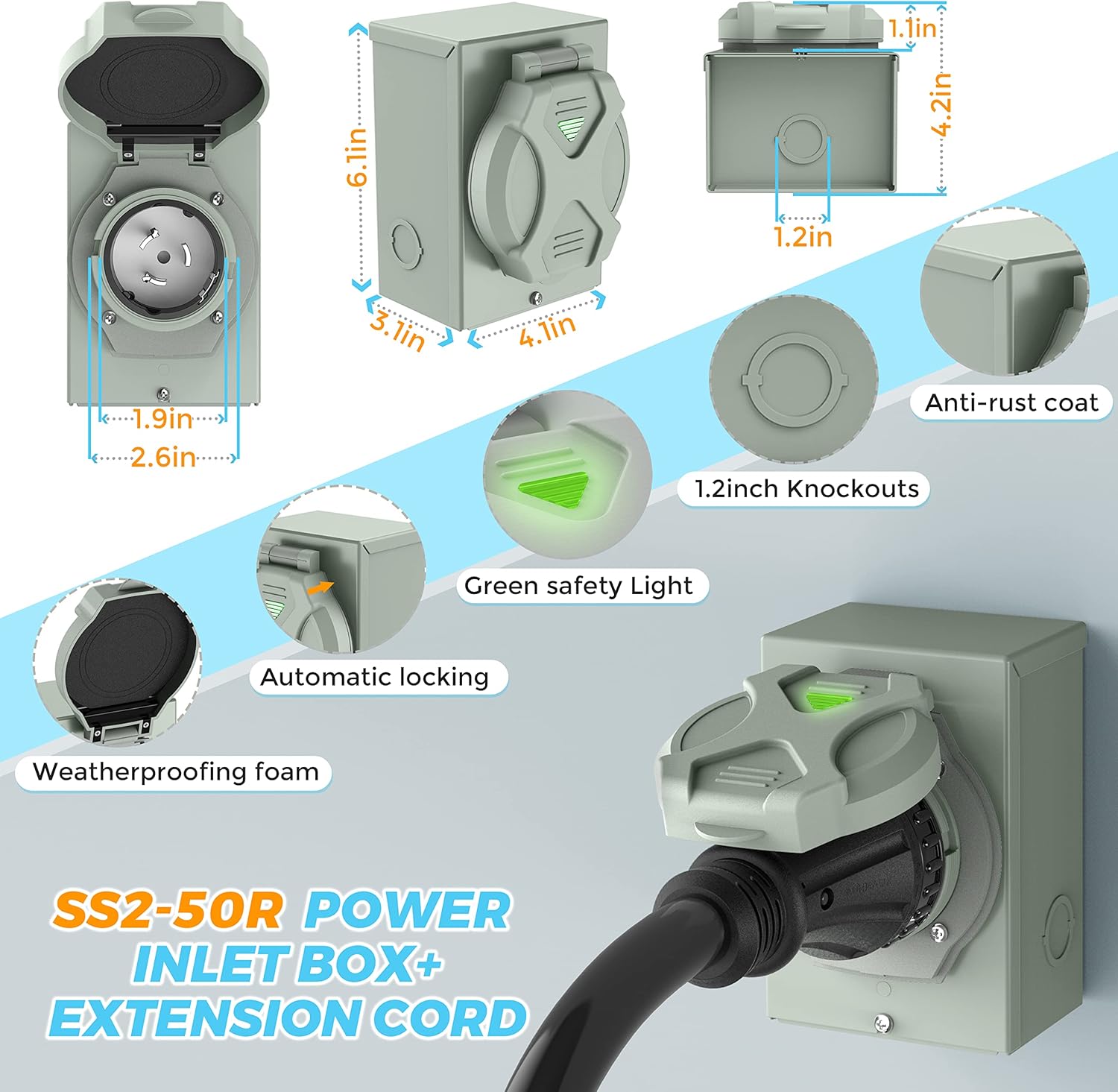 25 Feet 50 Amp Generator Cord and Generator Power Inlet Box Waterproof Kit, 125/250 Volts, Generator Power Cord NEMA 14-50P to SS2-50R Extension Cord