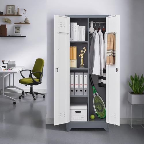 GREATMEET Broom Storage Cabinet, 65" Metal Utility Closet for Brooms and Mops, Cleaning Supply Cabinet with Pegboard