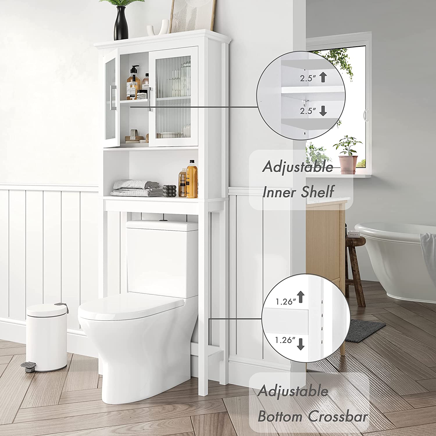 Spirich Home Bathroom Cabinet Over The Toilet, Bathroom Storage Cabinet with Windowpane Glass Doors and Adjustable Shelves