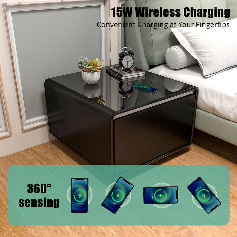 Modern Smart Side Table with Built-in Fridge, Wireless Charging, Temperature Control