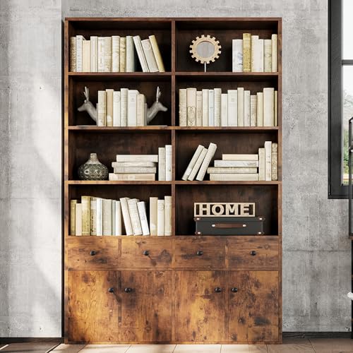 IRONCK 78.7" Bookcase with 4 Drawers and 4 Doors, 6 Tier Large Bookshelf with Storage, Floor Standing Display Storage Shelves