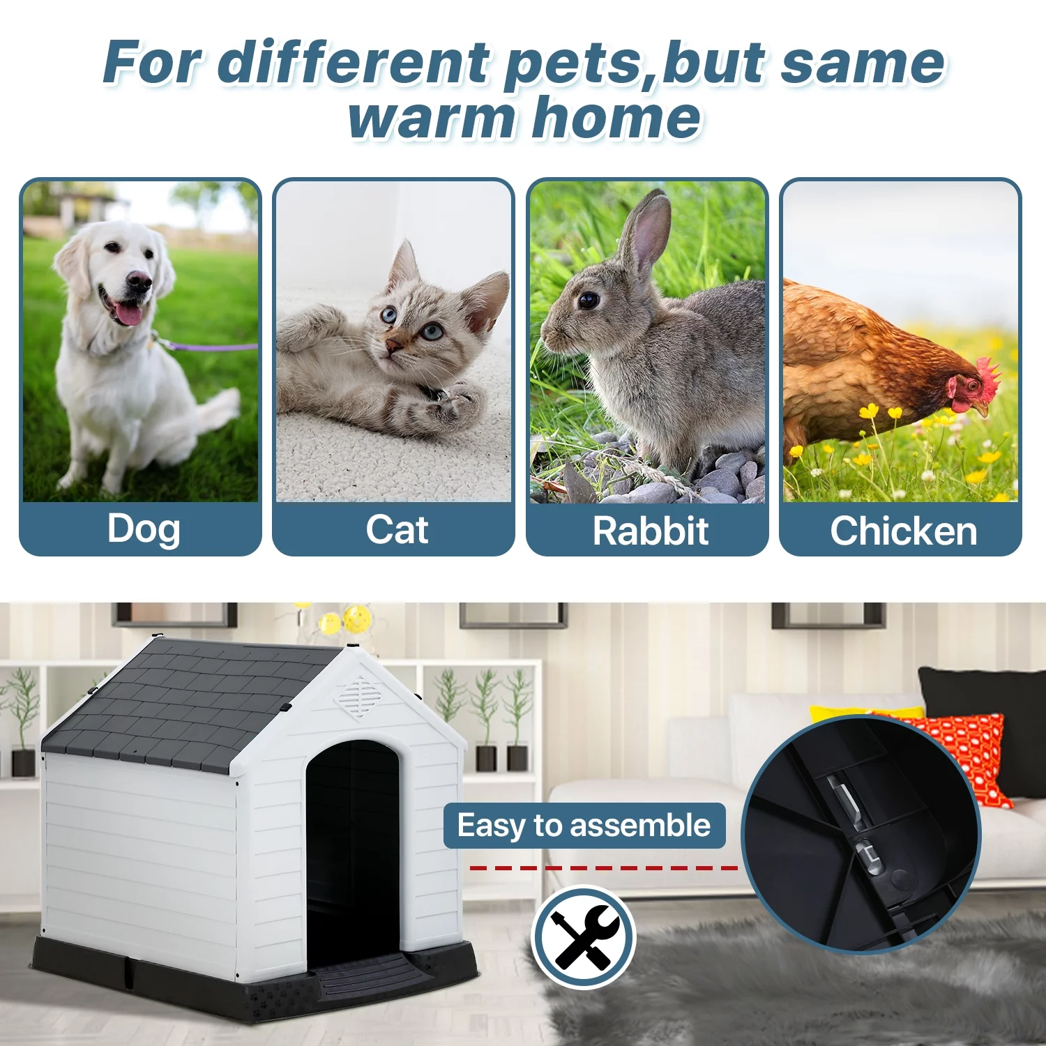 Extra Large Dog House for Large Medium Dogs 41x37.4x39 inch Plastic Water Resistant Dog Houses with Hight Base Support for Winter Tough Durable House