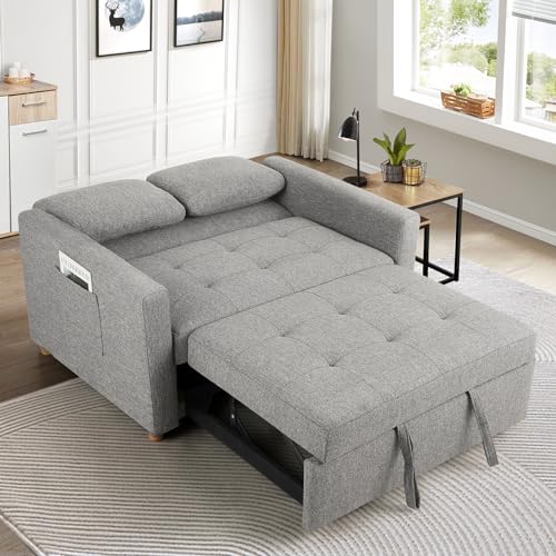 SEJOV 3-in-1 Convertible Sofa Bed, Linen Fabric Sleeper Couch Pull Out Bed, 49" 2-Seater Loveseat Futon Sofa with Spring Support