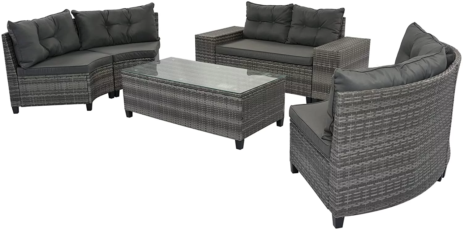 VIRUBI 8-Piece Half-Moon Outdoor Sectional Furniture Cushioned Sofa Set with Rectangular Coffee Table and Side Tables
