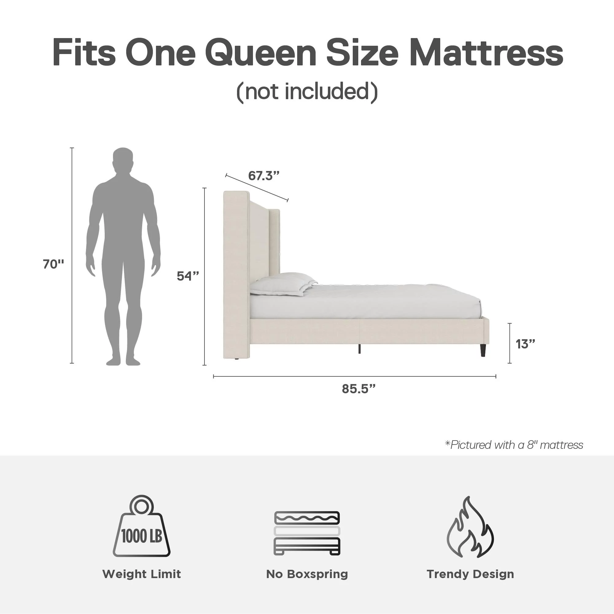 DHP Eveline Upholstered Platform Bed Frame with High Wingback Headboard, Queen, Textured Ivory Canvas