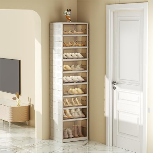 Portable Shoe Rack Organizer 6 Tier 24 Pairs Foldable Shoe Box with Doors, Large Folding Cabinet Bins.Stackable Plastic Shoe Box