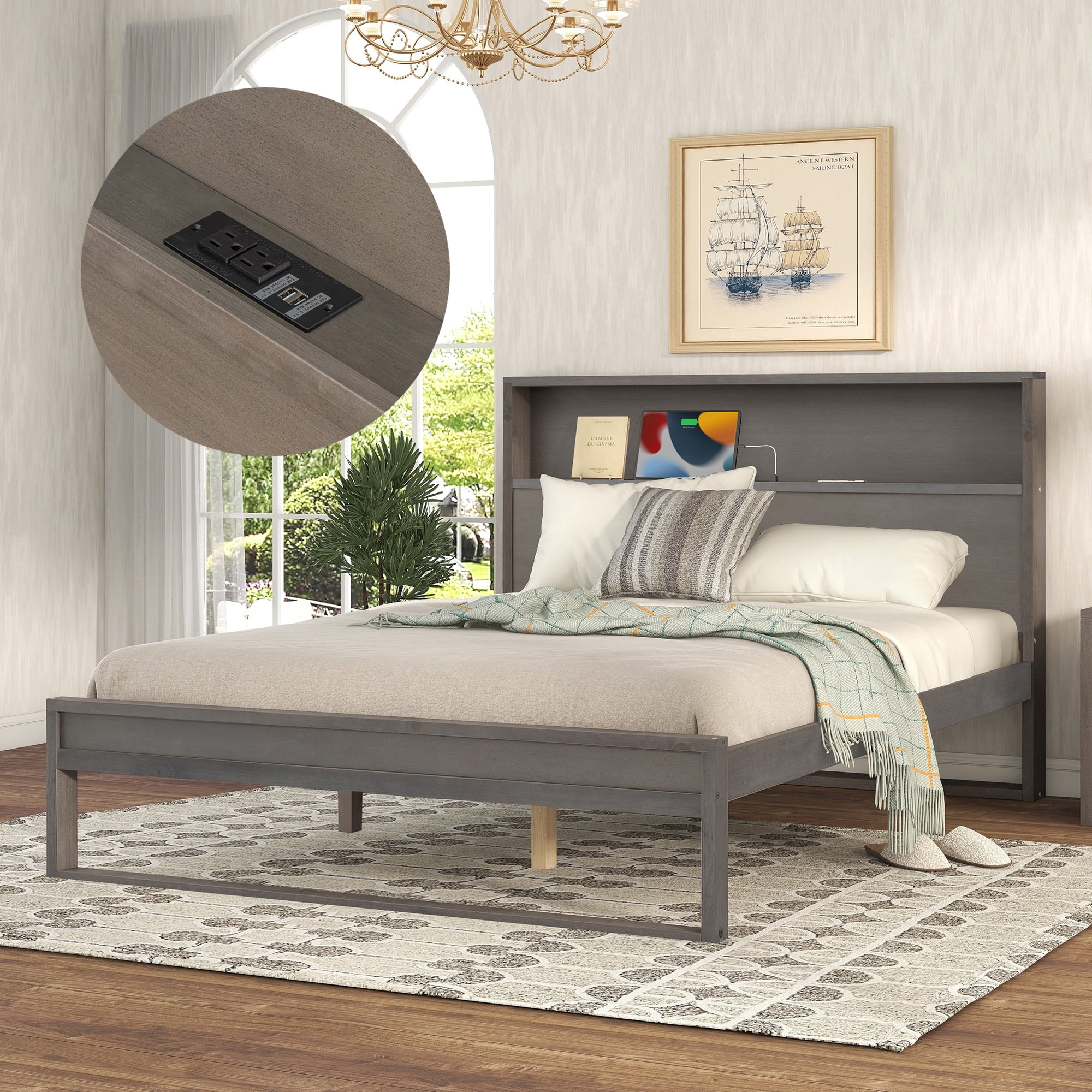 Bellemave Queen Bed with Storage Bookcase Headboard, Solid Wood Queen Size Platform Beds Frame with USB Ports & Outlets