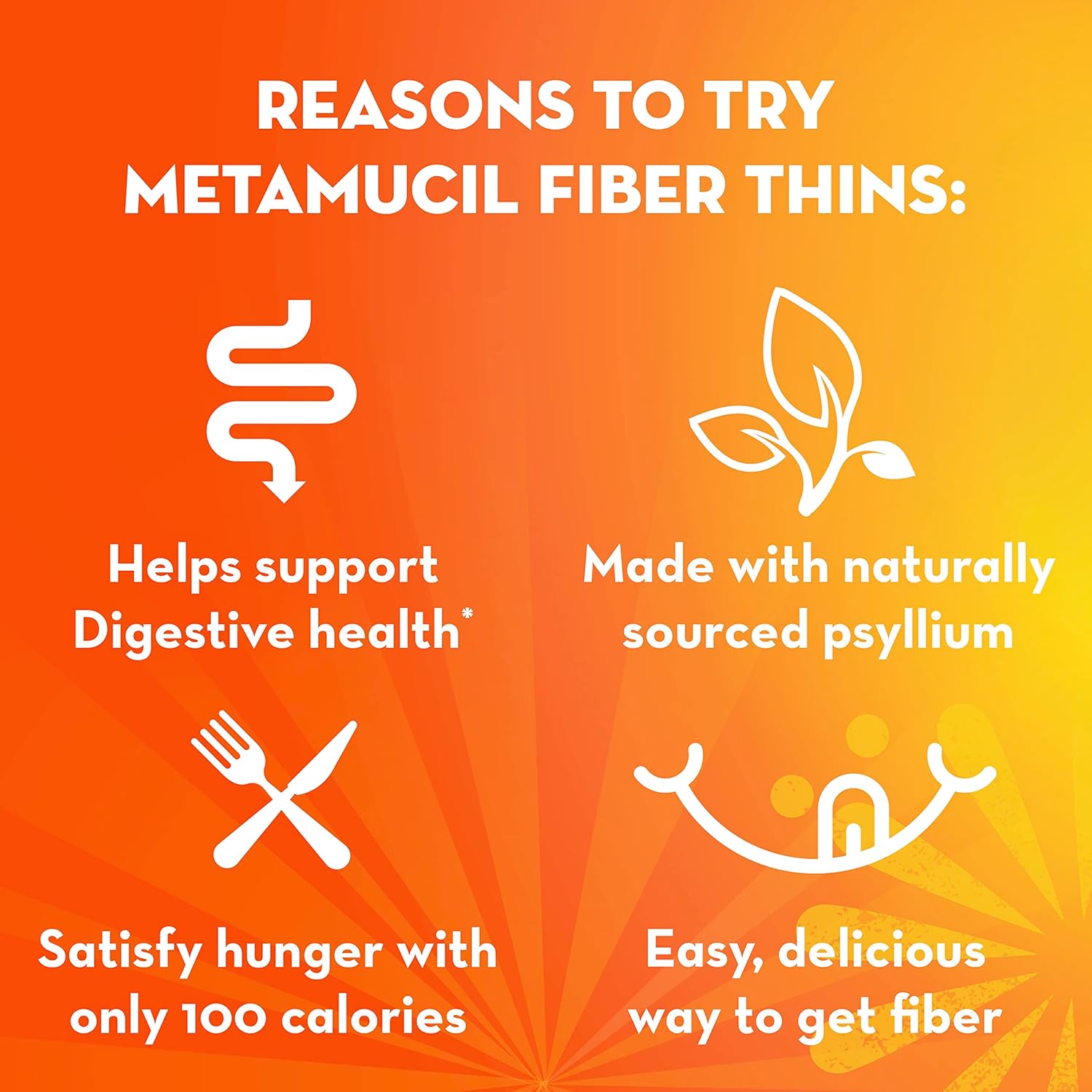 Metamucil Fiber Thins, Daily Psyllium Husk Fiber Supplement, Supports Digestive Health and Satisfies Hunger, Cinnamon Spice Flavor