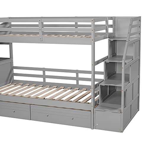 Full-Over-Full Castle Style Bunk Bed with 2 Drawers and 3 Shelves, Wood Bunk Bed Frame with Slide and Storage Staircase for Kids Teens Boys Girls