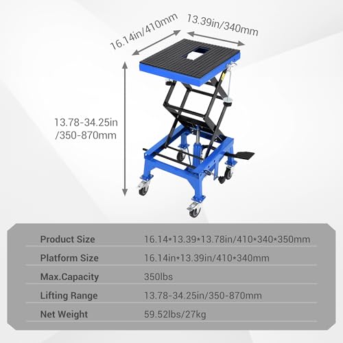 Hydraulic Motorcycle Lift Jack 350LBS, Foot Operated Scissor Lift Table for ATV Dirt Bike, Heavy-Duty Steel Stand with Safety Lock & Wheels