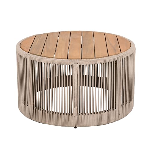 Outdoor Rattan Coffee Table with Solid Acacia Wood Tabletop, Patio Round Coffee Table Side Table (Grey)