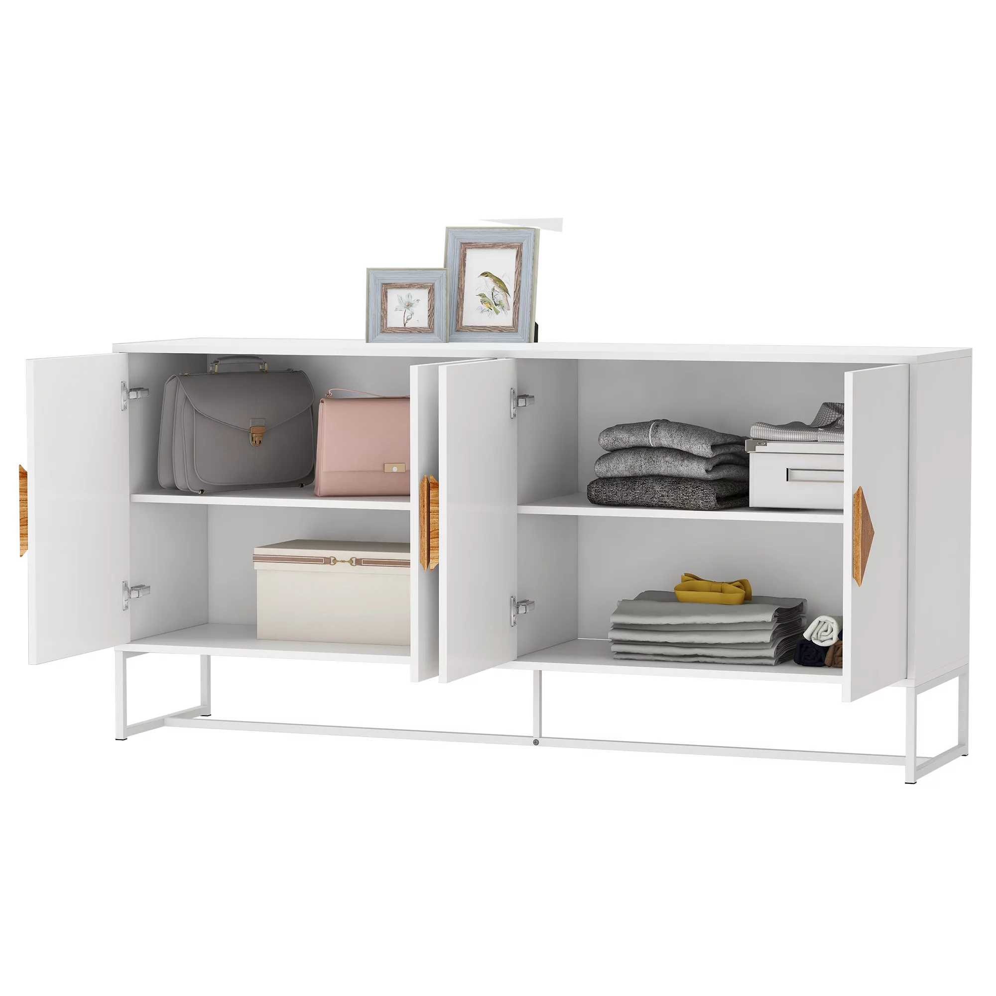 Saim Storage Sideboard Cabinet Double Storage Sideboard with 4 Doors, Solid Wood Square Handle Design Display Stand for Home, White