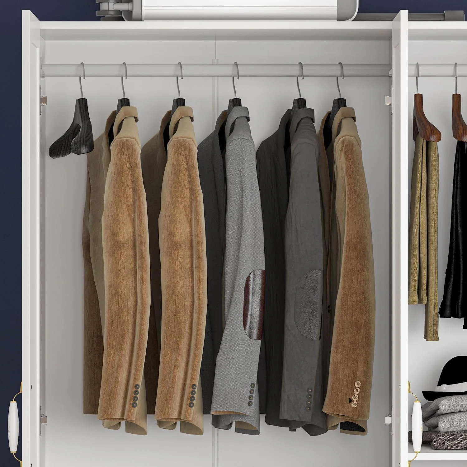 3 Door Wardrobe Closet with Ceramic Handles, Armoire Wardrobe Closet with Hanging Rod, Armoire with Shelves