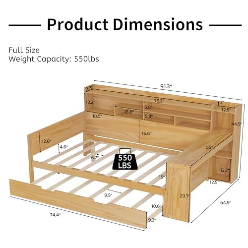Corner Twin Bed Frame with Bookcase Storage and Desk, Wood Day Beds with 2 Drawers, Twin Size Daybed with Storage for Living Room