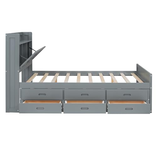 Harper & Bright Designs Twin Size Captain Platform Bed with Bookcase Headboard, Wood Twin Bed Frame with Storage Drawers and Shelves