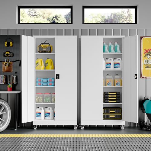 Metal Garage Storage Cabinet with Wheels,Metal Storage Cabinet with Adjustable Shelves,Steel Tool Cabinets with Locking Door for Home, School, Office