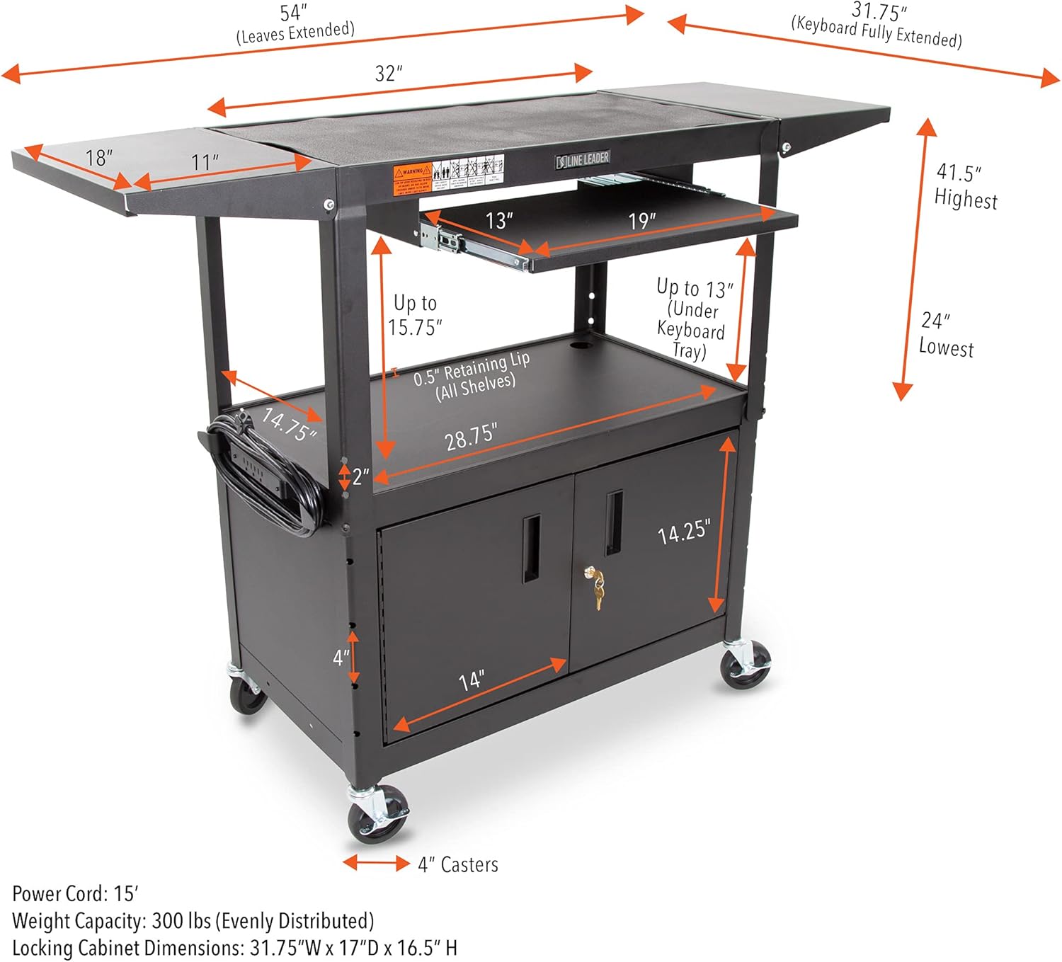 Line Leader Large AV Cart with Locking Cabinet & Drop Leaves | Height Adjustable Utility Cart | Includes Pullout Keyboard Tray & Cord Management |