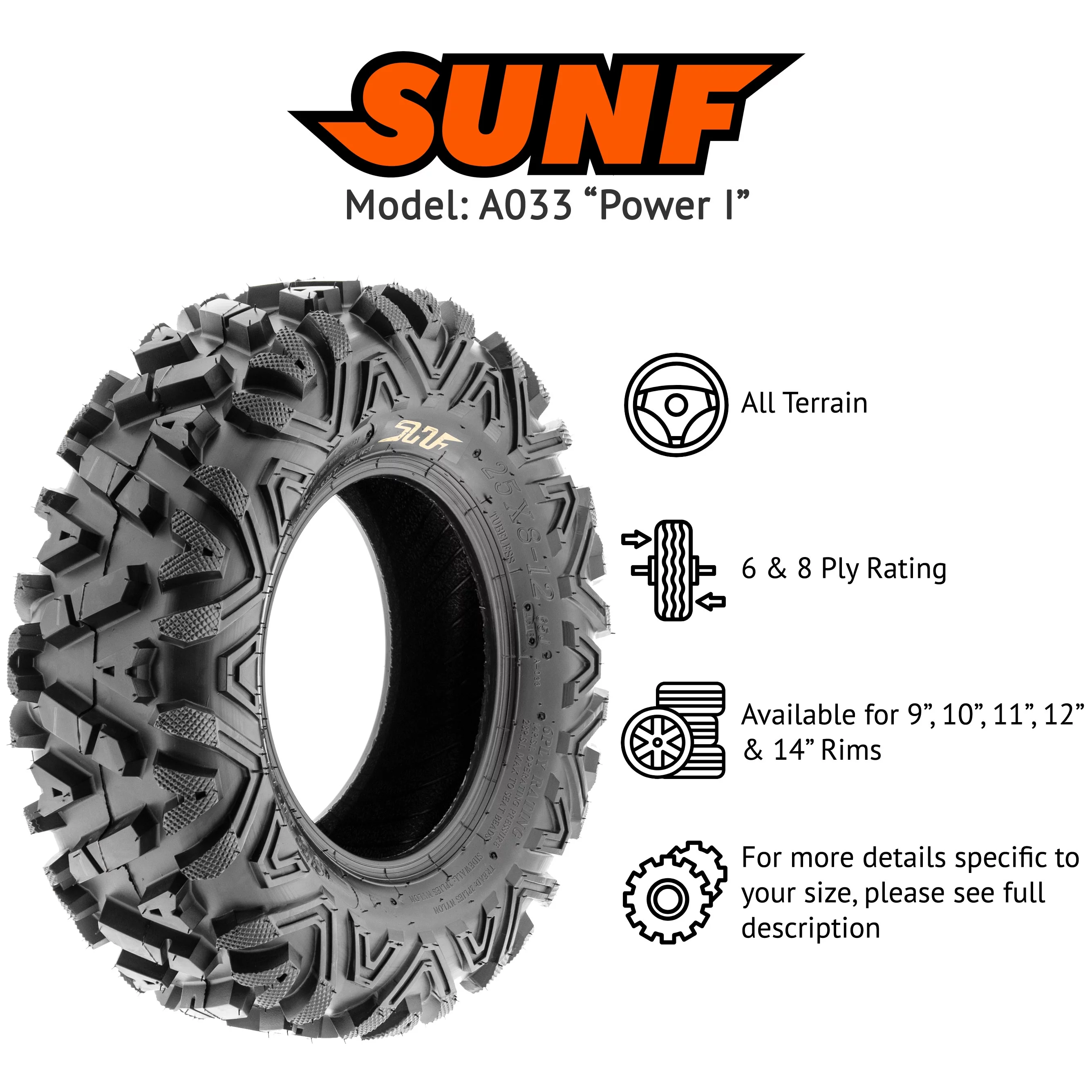 SunF All Terrain ATV UTV Tires 26x8-12 26x8x12 6 PR A033 (Pair of 2)