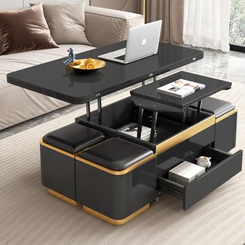 Multifunction Lift Top Coffee Table, Rectangle Folding Table with Storage and 4 Stools for Living Room, 3 in 1 Coffee to Dining Table Convertible