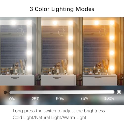 Vanity Desk with Mirror and Lights, Makeup Table with Charging Station, 3 Color Lighting Modes, 15 Drawers Dressing Table