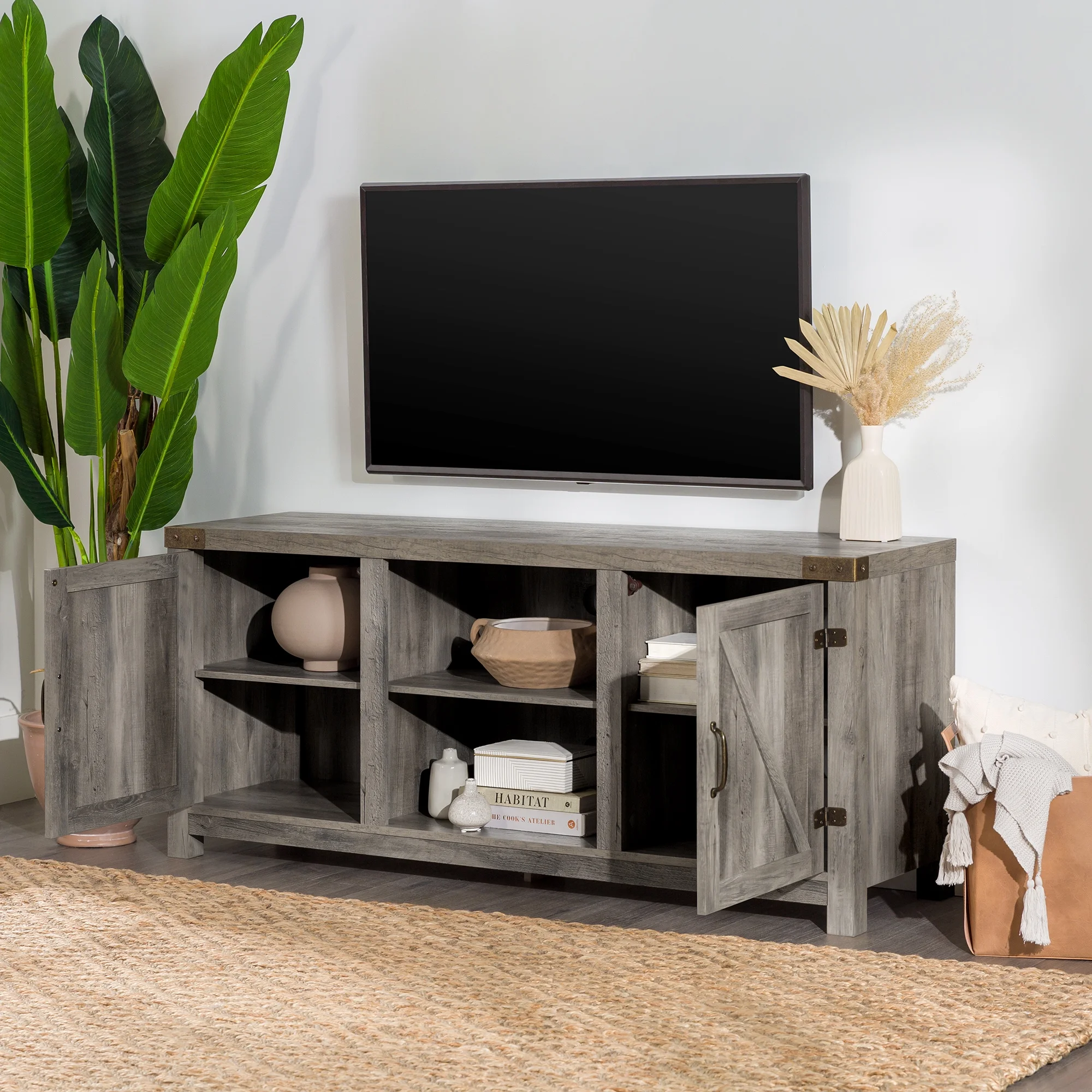 Walker Edison Modern Farmhouse Barn Door TV Stand for TVs up to 65, Grey Wash