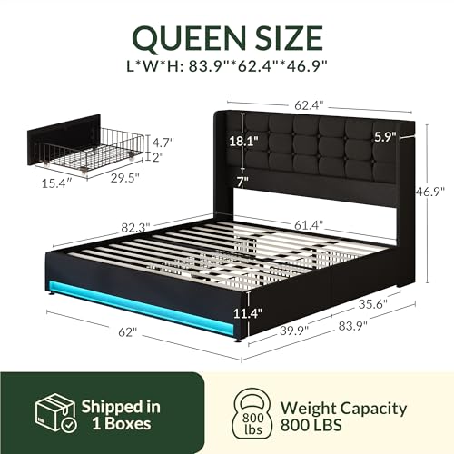 Queen Size LED Bed Frame with 4 Storage Drawers and Tufted Headboard Velvet Upholstered Platform Bed Frame Wingback Beds with Heavy Duty Wood Slats