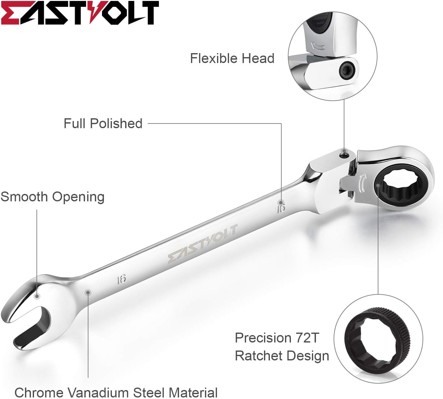 Eastvolt 12-Piece Flex-Head Ratcheting Wrench Set, Metric 8mm-19mm, Combination Ended Spanner kits