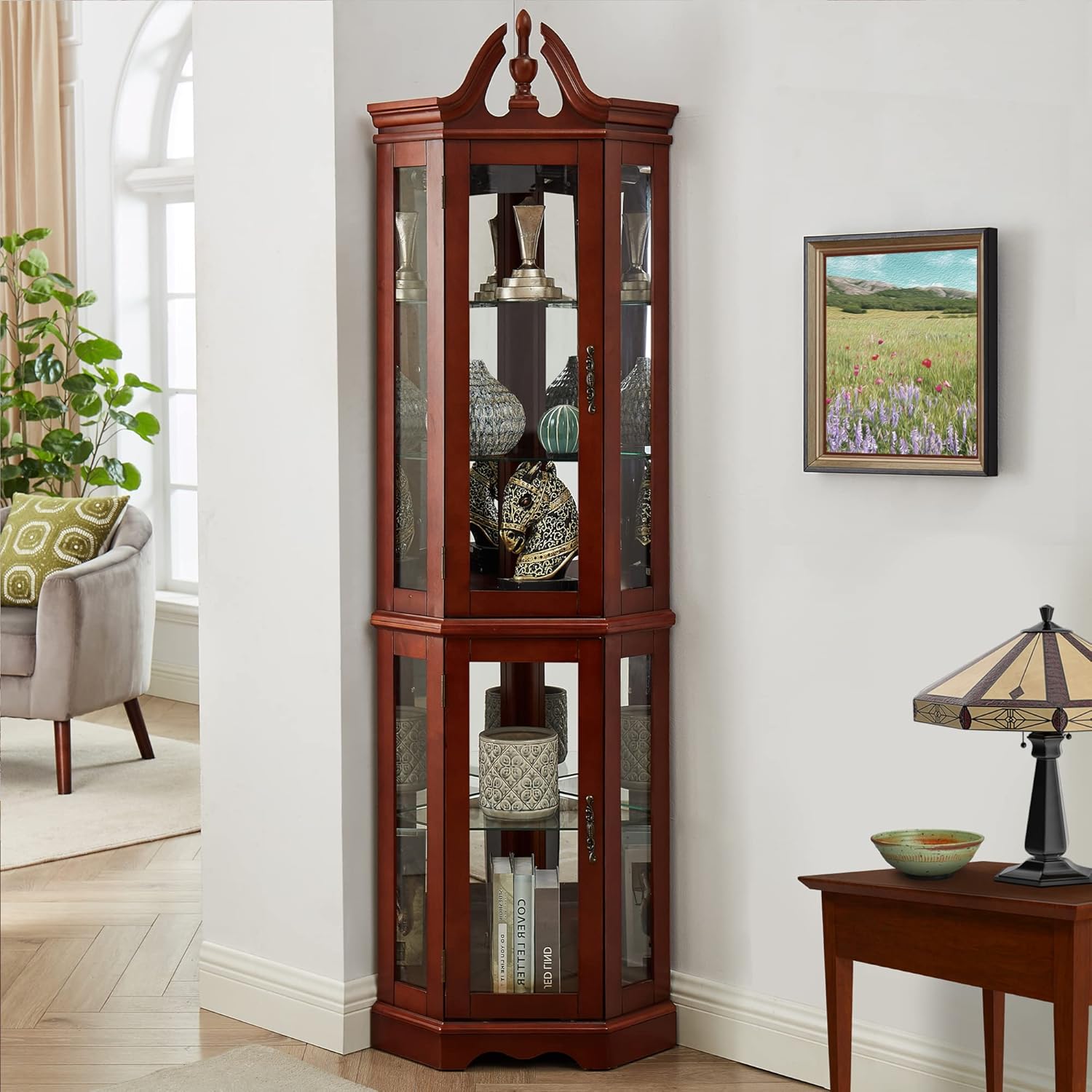 Lighted Curio Cabinet with Curved Top Finial, Wooden Corner Display Cabinet with Adjustable Tempered Glass Shelves