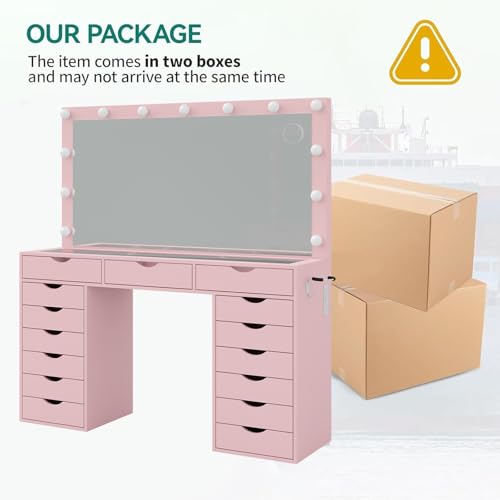 Vanity Desk with Mirror and Lights, Makeup Table with Charging Station, 3 Color Lighting Modes, 15 Drawers Dressing Table