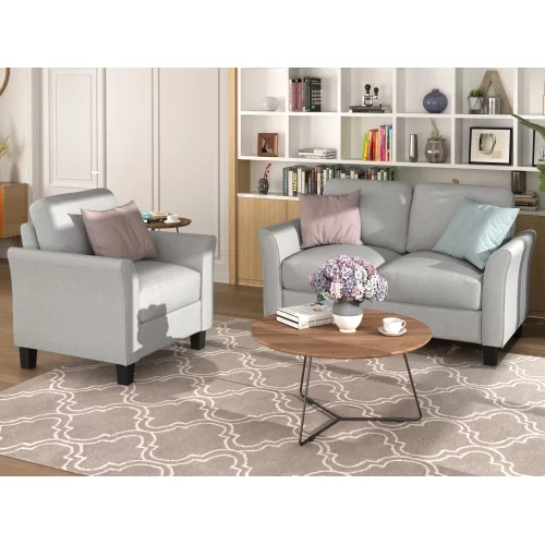 Living Room Furniture Set Loveseat Sofa and 3-Seat Sofa Couches Linen Fabric Upholstered Sofa Set, Light Gray