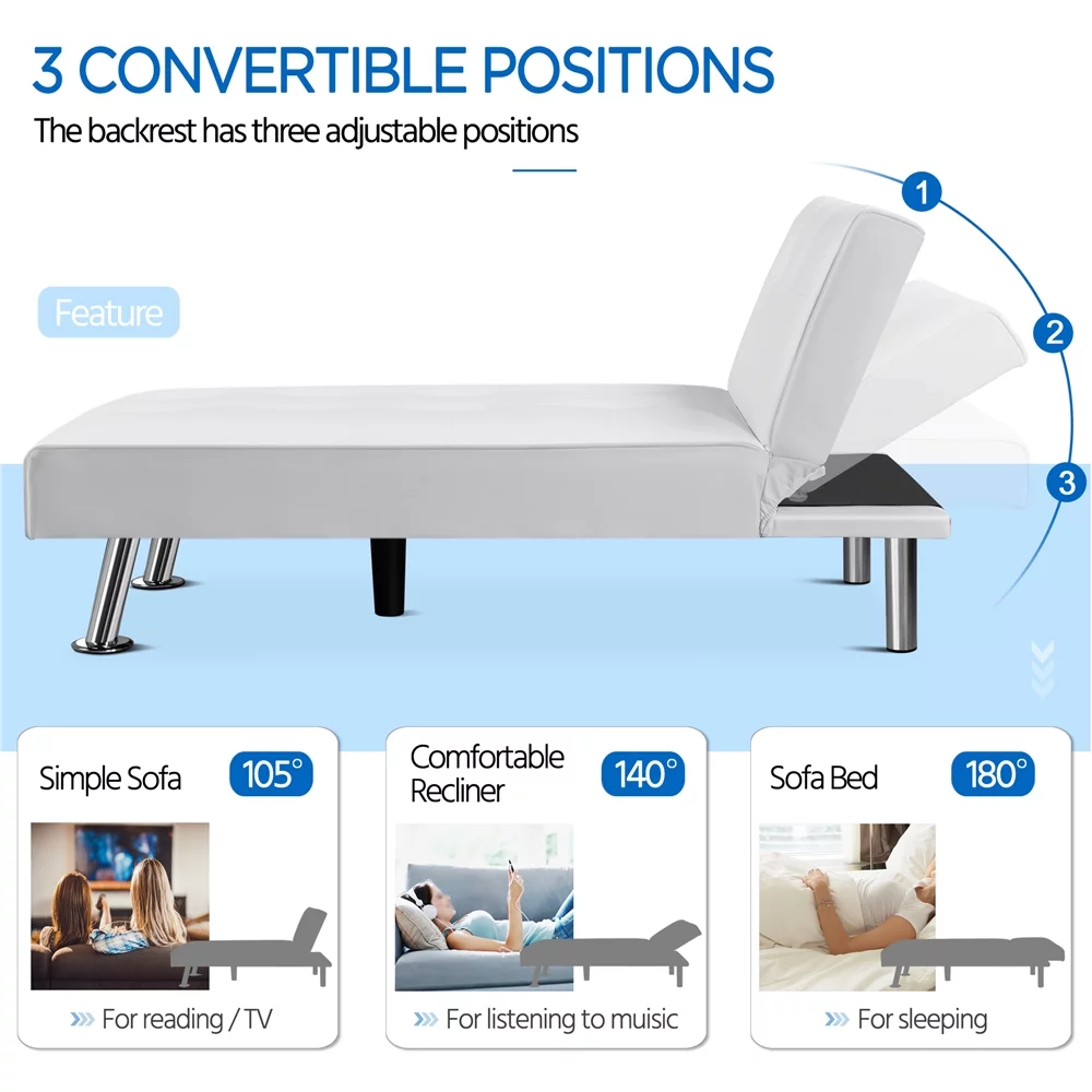 Easyfashion Convertible Faux Leather Futon Chaise Lounge, White