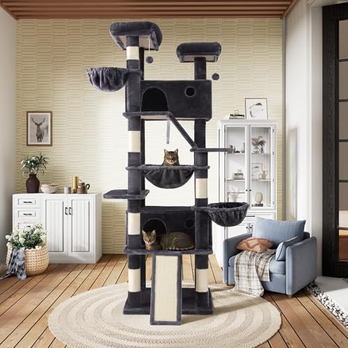 SHA CERLIN 81in Multi-Level Tall Cat Tree Tower for Indoor Kitties/Larger Cat Condo Furniture with Hammock/Cozy Pussycat Perches/Sisal Scratching