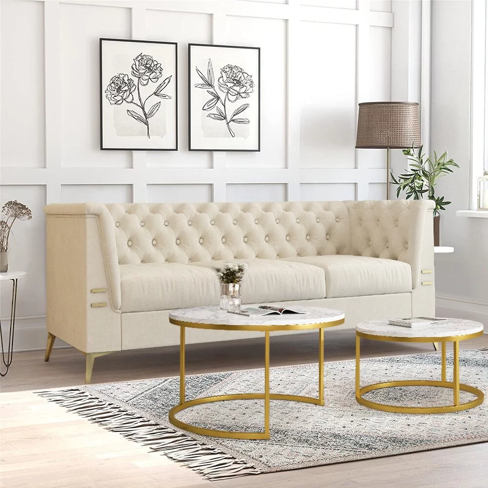 Modern 3-Color Velvet Flared Arm Sofa 3-Seat Couch with Gold Legs Beige