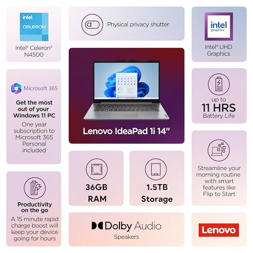 Lenovo IdeaPad 1i Laptop with Microsoft 365 Home and Business • 12GB RAM • 1TB Cloud Storage and 256GB SSD • Intel Core • 15 Anti-Glare Screen •