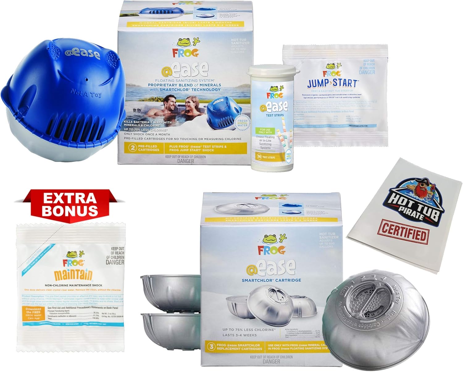Spa Frog @Ease Floating System and 3 Refill SmartChlor Ease Replacement Mineral Cartridges, 30 Test Strips