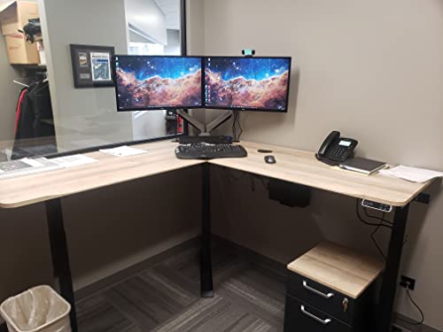 Electric Sit to Stand L-Shape 3-Leg Corner Desk - 72" L x 72" R - 4 Memory Settings - Ergonomic Front Edge - American Oak