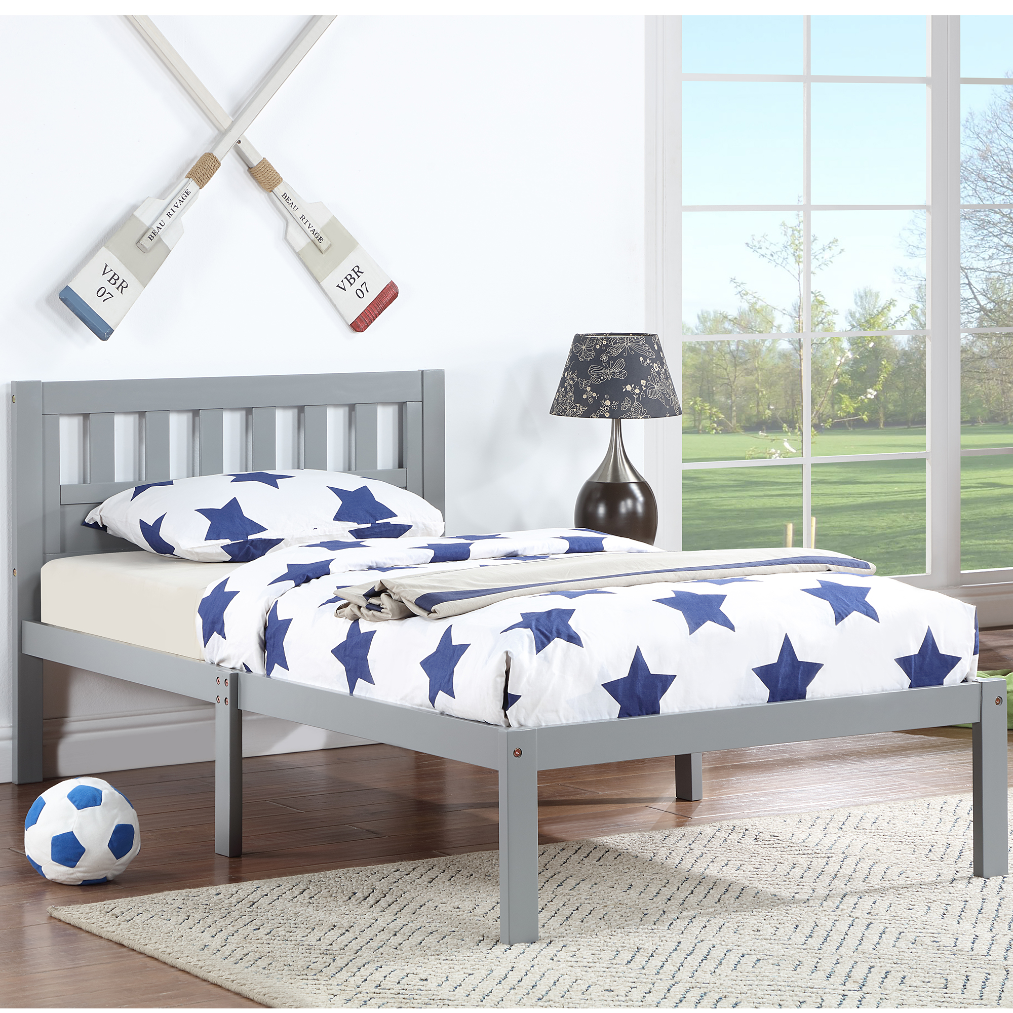 iRerts Wood Twin Bed Frame, Modern Twin Platform Bed Frame with Headboard, Wood Support Slats, Twin Size Bed Frame No Box Spring Needed