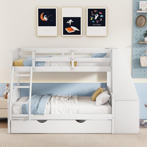 Twin Over Full Bunk Bed with Desk and Trundle, Wooden Bunk Beds Twin over Full Size with Storage Drawers and Shelf