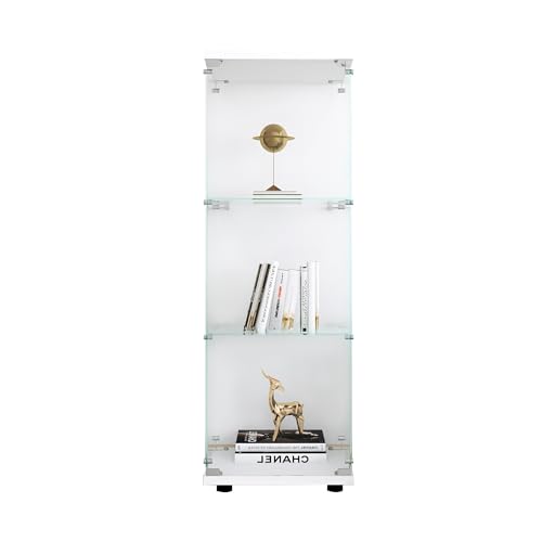 Glass Display Cabinet with 3 Shelves, One-Door Curio Cabinets for Living Room, Bedroom, Office, White Floor Standing Glass Bookshelf